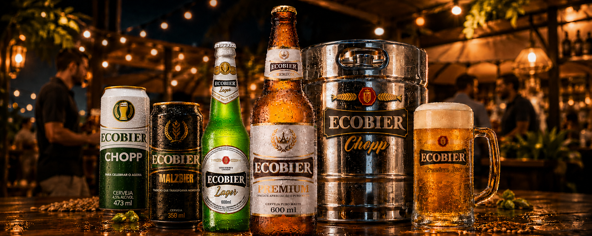 Linha de cervejas e chopp em ambiente acolhedor
